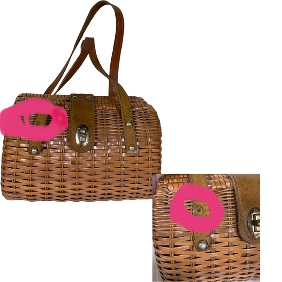 VINTAGE CIRCA 1960'S BROWN RATTAN AND LEATHER BASKET PURSE - Picture 11 of 15